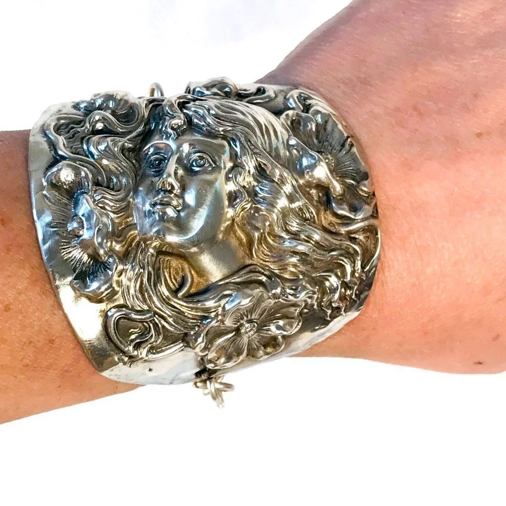 Rare Antique Goddess Sterling Silver Cuff Bracelet Victorian 925 Medusa Nouveau